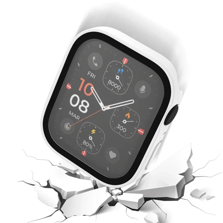 غطاء حماية مقاوم للماء مع ملمس مطفي 2 في 1 بإطار بلاستيكي وزجاج مقوى، لسلسلة Apple Watch 9 / 8 / 7 45مم، لسلسلة Apple Watch 9 / 8 / 7 41مم، لسلسلة Apple Watch 6 / 5 / 4 / SE 44مم، لسلسلة Apple Watch 6 / 5 / 4 / SE 40مم