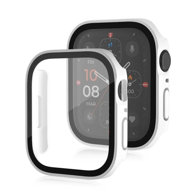 غطاء حماية مقاوم للماء مع ملمس مطفي 2 في 1 بإطار بلاستيكي وزجاج مقوى، لسلسلة Apple Watch 9 / 8 / 7 45مم، لسلسلة Apple Watch 9 / 8 / 7 41مم، لسلسلة Apple Watch 6 / 5 / 4 / SE 44مم، لسلسلة Apple Watch 6 / 5 / 4 / SE 40مم