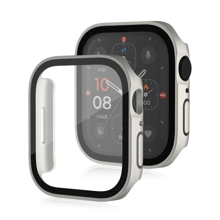 غطاء حماية مقاوم للماء مع ملمس مطفي 2 في 1 بإطار بلاستيكي وزجاج مقوى، لسلسلة Apple Watch 9 / 8 / 7 45مم، لسلسلة Apple Watch 9 / 8 / 7 41مم، لسلسلة Apple Watch 6 / 5 / 4 / SE 44مم، لسلسلة Apple Watch 6 / 5 / 4 / SE 40مم