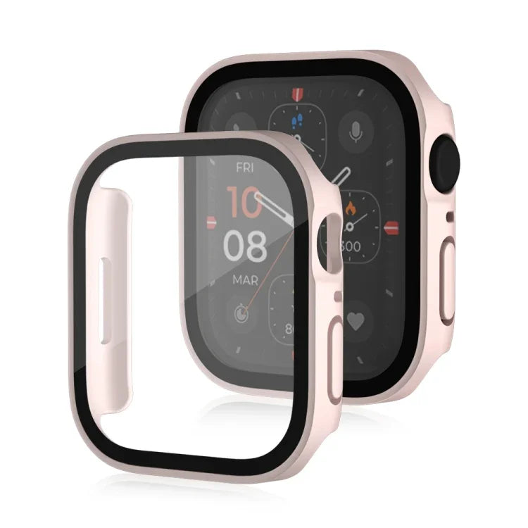 غطاء حماية مقاوم للماء مع ملمس مطفي 2 في 1 بإطار بلاستيكي وزجاج مقوى، لسلسلة Apple Watch 9 / 8 / 7 45مم، لسلسلة Apple Watch 9 / 8 / 7 41مم، لسلسلة Apple Watch 6 / 5 / 4 / SE 44مم، لسلسلة Apple Watch 6 / 5 / 4 / SE 40مم