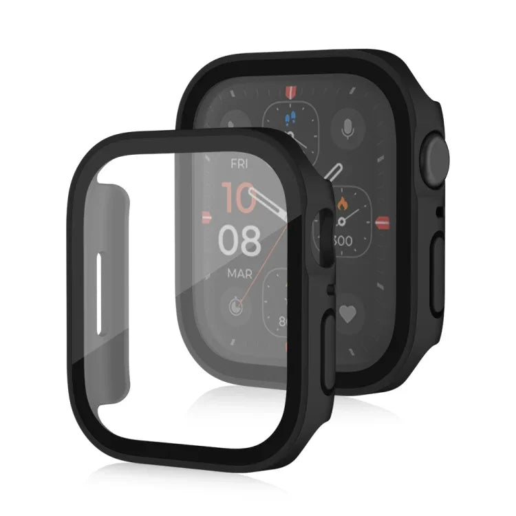 غطاء حماية مقاوم للماء مع ملمس مطفي 2 في 1 بإطار بلاستيكي وزجاج مقوى، لسلسلة Apple Watch 9 / 8 / 7 45مم، لسلسلة Apple Watch 9 / 8 / 7 41مم، لسلسلة Apple Watch 6 / 5 / 4 / SE 44مم، لسلسلة Apple Watch 6 / 5 / 4 / SE 40مم