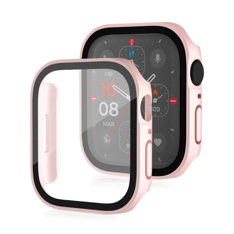 غطاء حماية مقاوم للماء مع ملمس مطفي 2 في 1 بإطار بلاستيكي وزجاج مقوى، لسلسلة Apple Watch 9 / 8 / 7 45مم، لسلسلة Apple Watch 9 / 8 / 7 41مم، لسلسلة Apple Watch 6 / 5 / 4 / SE 44مم، لسلسلة Apple Watch 6 / 5 / 4 / SE 40مم