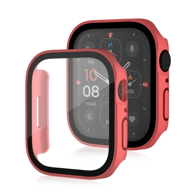 غطاء حماية مقاوم للماء مع ملمس مطفي 2 في 1 بإطار بلاستيكي وزجاج مقوى، لسلسلة Apple Watch 9 / 8 / 7 45مم، لسلسلة Apple Watch 9 / 8 / 7 41مم، لسلسلة Apple Watch 6 / 5 / 4 / SE 44مم، لسلسلة Apple Watch 6 / 5 / 4 / SE 40مم