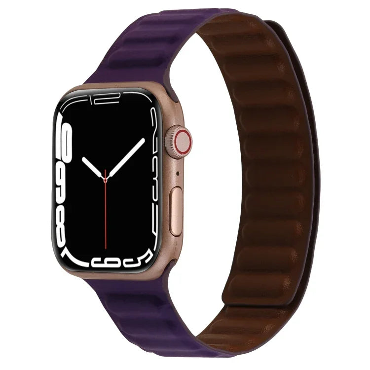 سوار ساعة جلد رفيع بحلقة مغناطيسية بلونين لسلسلة Apple Watch، 7 45مم / 6&SE&5&4 44مم / 3&2&1 42مم، 7 41مم / 6&SE&5&4 40مم / 3&2&1 38مم