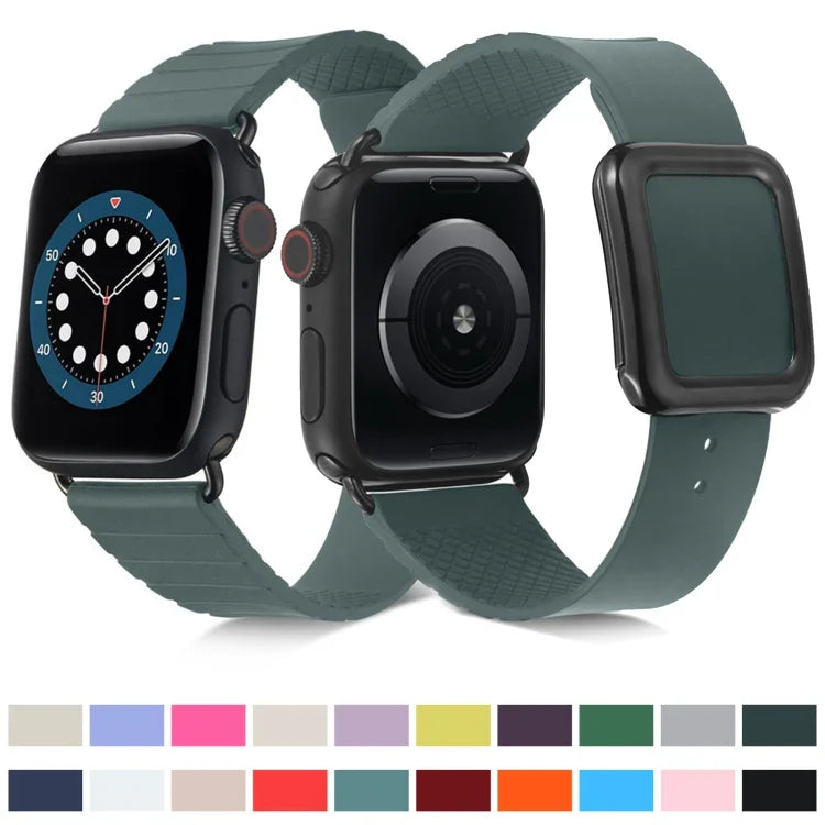 سوار ساعة سيليكون بمشبك مربع أسود لسلسلة Apple Watch، 7 45مم / 6&SE&5&4 44مم / 3&2&1 42مم، 7 41مم / 6&SE&5&4 40مم / 3&2&1 38مم