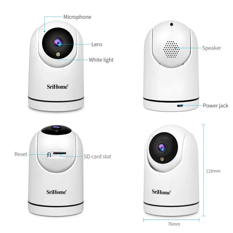 SriHome SH042 كاميرا مراقبة بان-تيلت واي فاي بدقة 2.0 ميجابكسل 1080P HD بالذكاء الاصطناعي، SH042