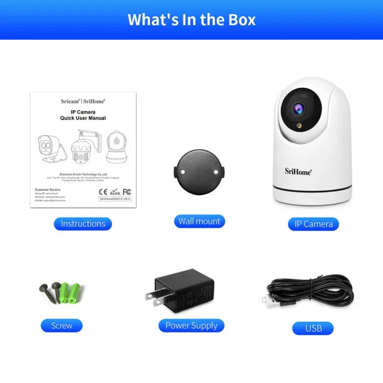 SriHome SH042 كاميرا مراقبة بان-تيلت واي فاي بدقة 2.0 ميجابكسل 1080P HD بالذكاء الاصطناعي، SH042