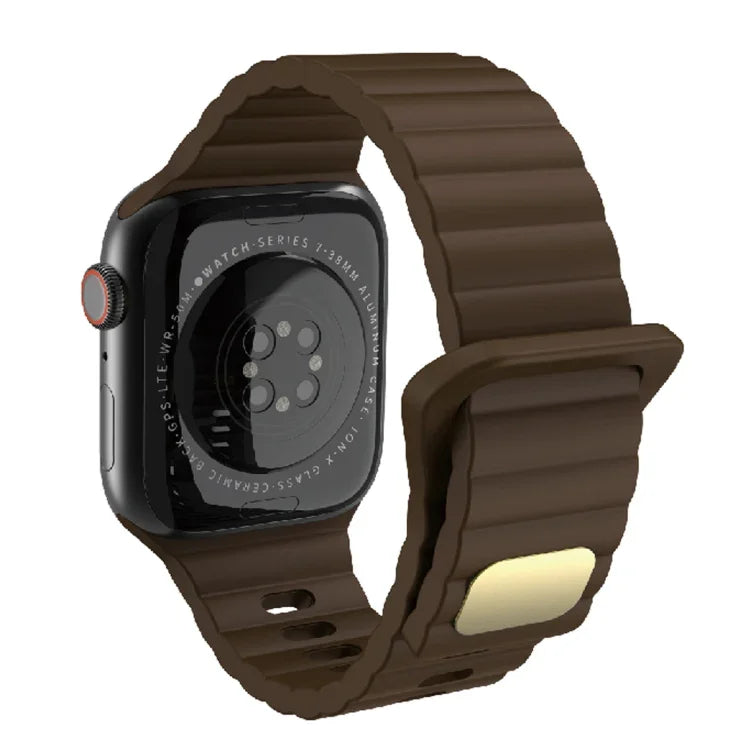 Breathable silicone watch strap for Apple Watch in dark brown color, compatible with various Apple Watch models.