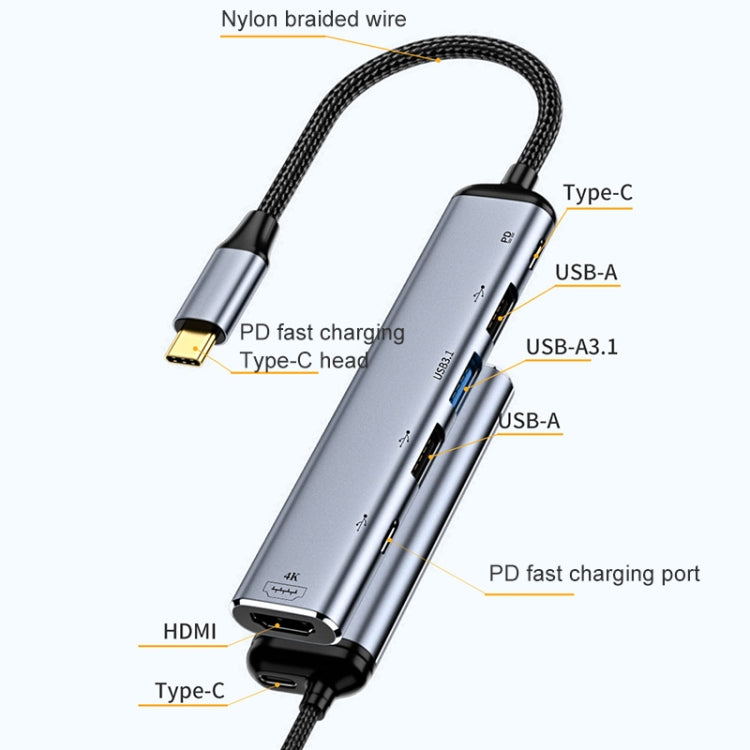 محول متعدد الوظائف 6 في 1 من USB-C/نوع C إلى HDMI+USB 3.1+USB 2.0 مزدوج+USB-C مزدوج، Y004