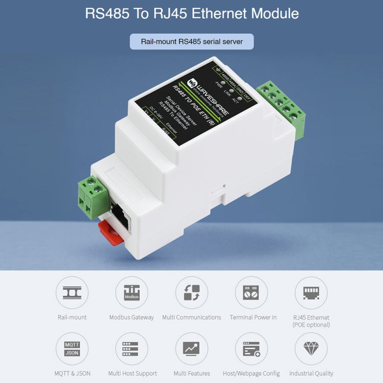 Waveshare Din Rail RS485 to RJ45 Serial Server with POE Function, 23273