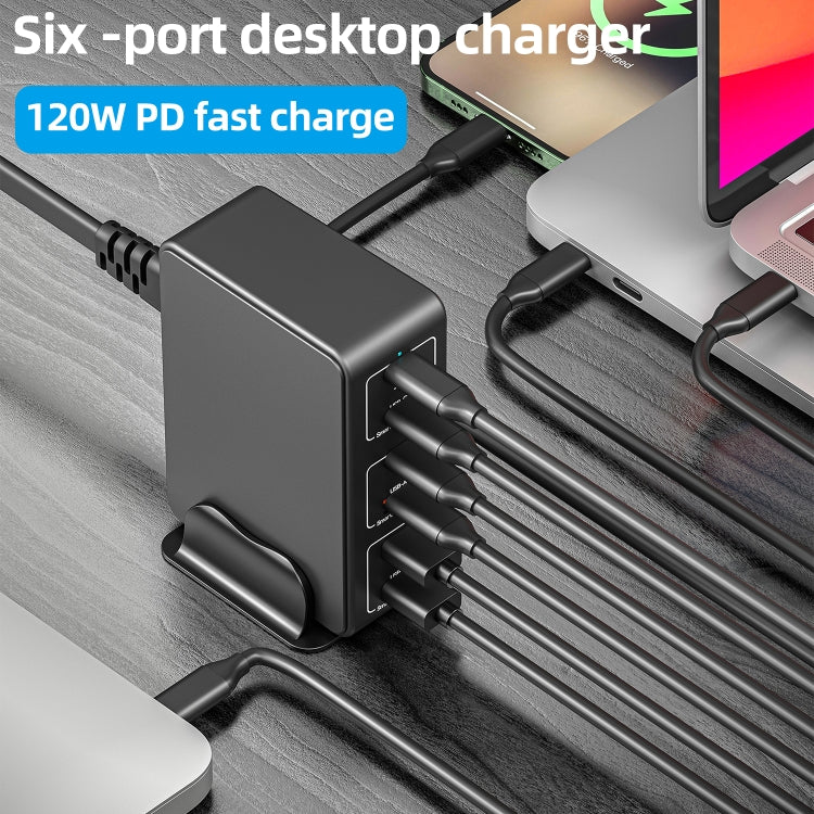 شاحن سطح مكتب سريع 6 منافذ بقوة 120 واط Type-C + USB موديل 818H، قابس أمريكي، قابس بريطاني، قابس أوروبي، قابس أسترالي