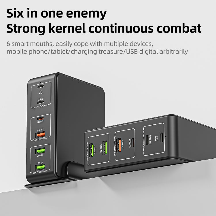 شاحن سطح مكتب سريع 6 منافذ بقوة 120 واط Type-C + USB موديل 818H، قابس أمريكي، قابس بريطاني، قابس أوروبي، قابس أسترالي