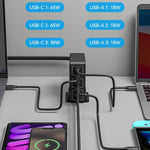 شاحن سطح مكتب سريع 6 منافذ بقوة 120 واط Type-C + USB موديل 818H، قابس أمريكي، قابس بريطاني، قابس أوروبي، قابس أسترالي