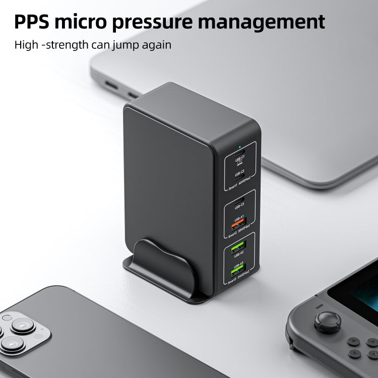 شاحن سطح مكتب سريع 6 منافذ بقوة 120 واط Type-C + USB موديل 818H، قابس أمريكي، قابس بريطاني، قابس أوروبي، قابس أسترالي