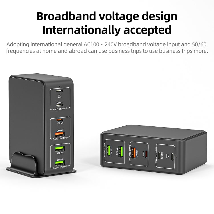شاحن سطح مكتب سريع 6 منافذ بقوة 120 واط Type-C + USB موديل 818H، قابس أمريكي، قابس بريطاني، قابس أوروبي، قابس أسترالي