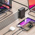 شاحن سطح مكتب سريع 6 منافذ بقوة 120 واط Type-C + USB موديل 818H، قابس أمريكي، قابس بريطاني، قابس أوروبي، قابس أسترالي