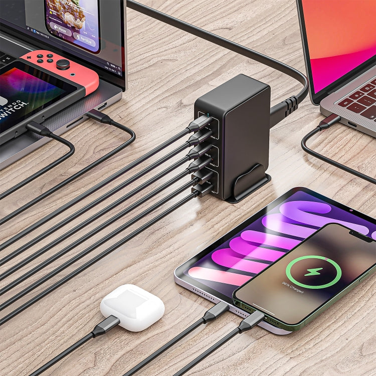 شاحن سطح مكتب سريع 6 منافذ بقوة 120 واط Type-C + USB موديل 818H، قابس أمريكي، قابس بريطاني، قابس أوروبي، قابس أسترالي