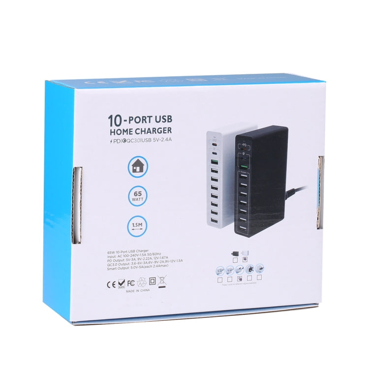 شاحن ذكي سريع 10 في 1 65 واط QC3.0 USB، قابس الولايات المتحدة، قابس المملكة المتحدة، قابس أستراليا