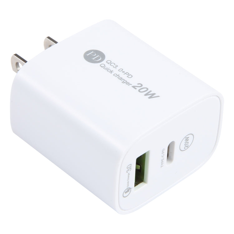 شاحن سريع PD بقدرة 20 واط بمنفذ USB-C/Type-C + QC 3.0 USB، المواصفات: قابس الولايات المتحدة