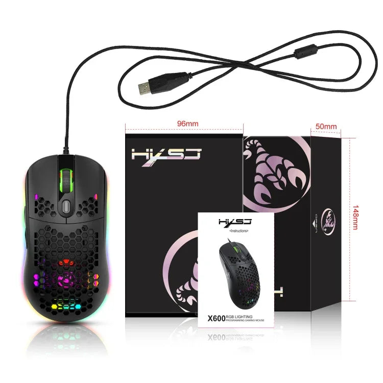HXSJ X600 فأرة ألعاب سلكية بإضاءة RGB وعدد 6 مفاتيح وبرمجة ماكرو، X600