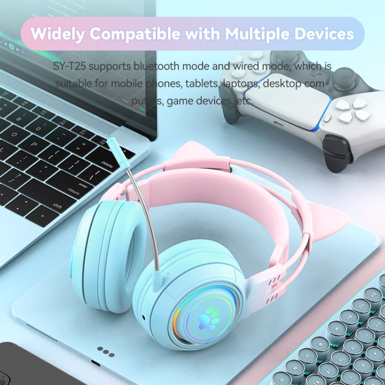 سماعات رأس بلوتوث لاسلكية T25 RGB ستيريو بأذني قطة مع ميكروفون قابل للفصل