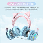 سماعات رأس بلوتوث لاسلكية T25 RGB ستيريو بأذني قطة مع ميكروفون قابل للفصل