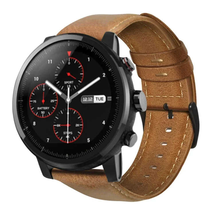 سوار ساعة من الجلد الطبيعي مشمع بالزيت، لساعات Amazfit GTR 47 مم / Pace / Stratos، لساعات Amazfit 2 Stratos، لساعات Ticwatch Pro / E2 / S2، لساعات Pebble الجيل الأول، لساعات Pebble Time