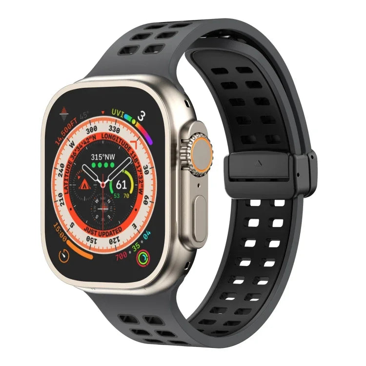 Magnetic Fold Clasp Square Holes Silicone Watch Band, For Apple Watch Series 8&7 45mm, For Apple Watch Series 8&7 41mm