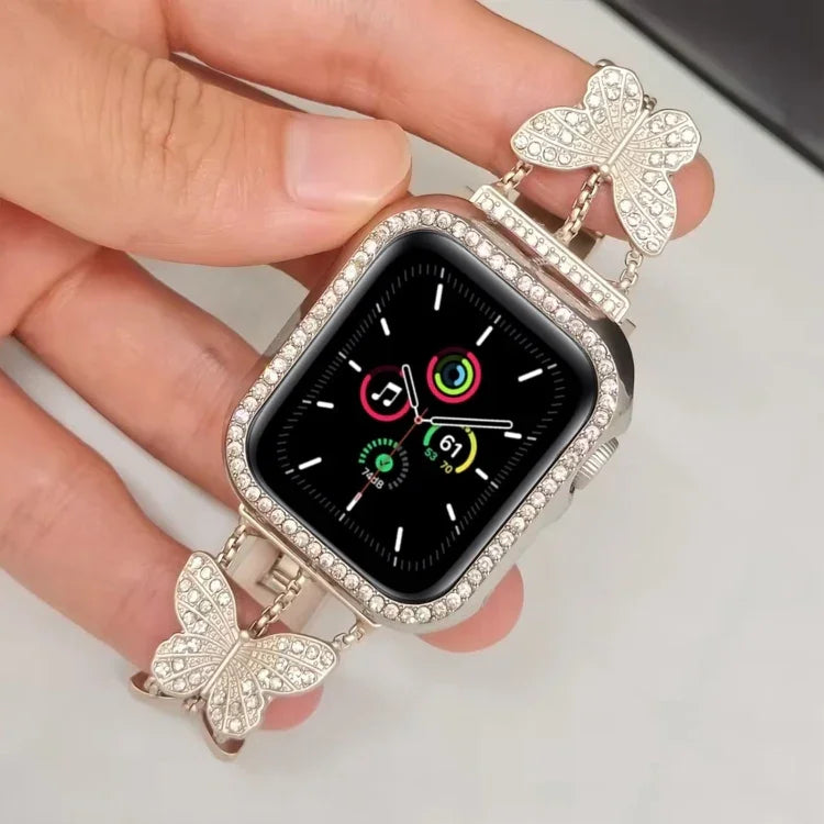 سوار ساعة معدني مزين بألماس على شكل فراشة، لسلسلة Apple Watch 8&7 مقاس 45مم، لسلسلة Apple Watch 8&7 مقاس 41مم