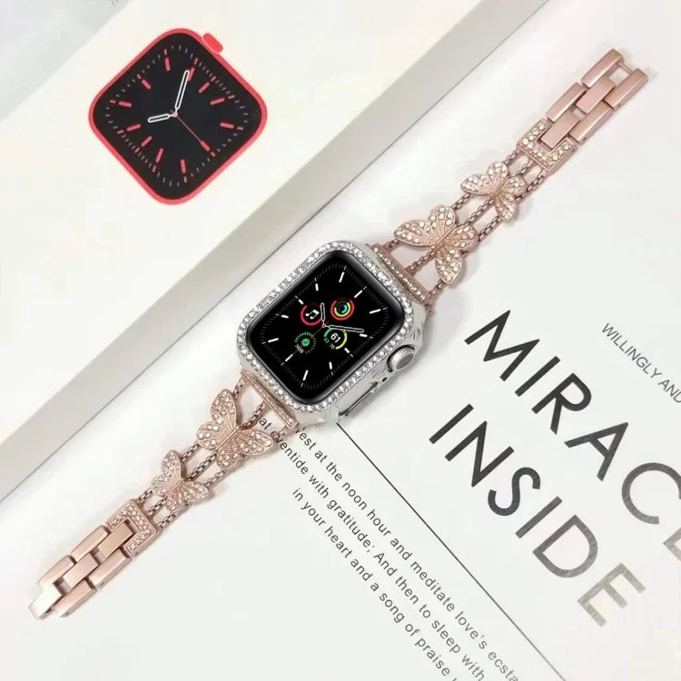 سوار ساعة معدني مزين بألماس على شكل فراشة، لسلسلة Apple Watch 8&7 مقاس 45مم، لسلسلة Apple Watch 8&7 مقاس 41مم