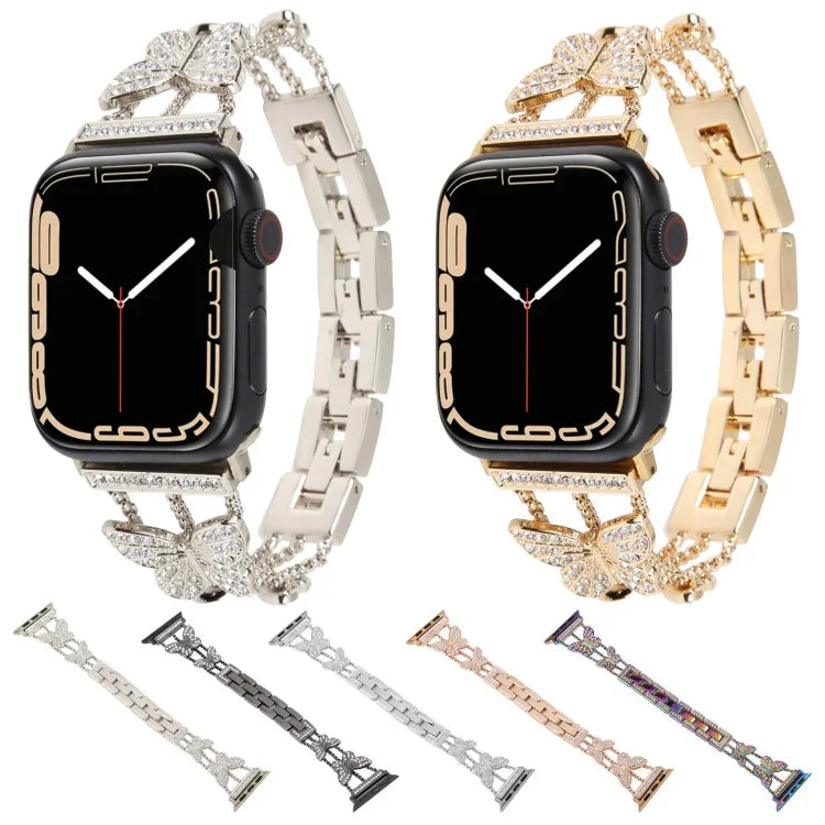 سوار ساعة معدني مزين بألماس على شكل فراشة، لسلسلة Apple Watch 8&7 مقاس 45مم، لسلسلة Apple Watch 8&7 مقاس 41مم