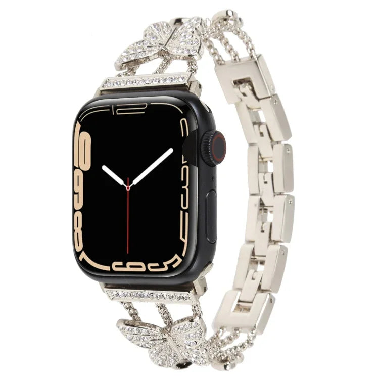 سوار ساعة معدني مزين بألماس على شكل فراشة، لسلسلة Apple Watch 8&7 مقاس 45مم، لسلسلة Apple Watch 8&7 مقاس 41مم