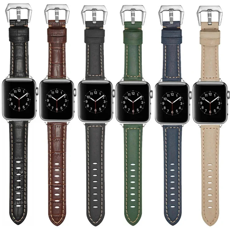 Silver Buckle Genuine Leather Watch Band, For Apple Watch Series 8&7 45mm, For Apple Watch Series 8&7 41mm