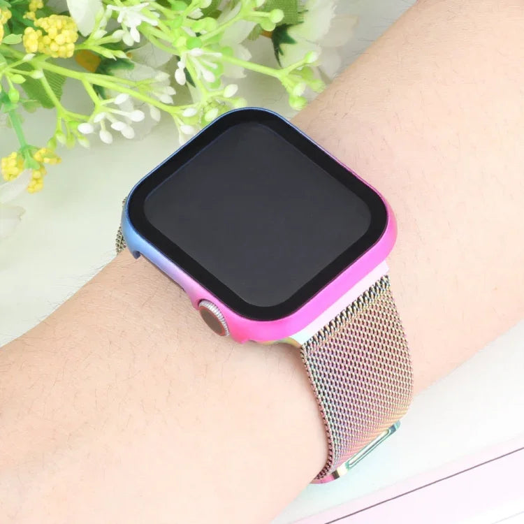 Metal Frame + Tempered Glass Protector Case, For Apple Watch Series 9 / 8 / 7 45mm, For Apple Watch Series SE 2025&SE2&6&SE&5&4 44mm, For Apple Watch Series 3&2&1 42mm, For Apple Watch Series 9 / 8 / 7 41mm                                              ...