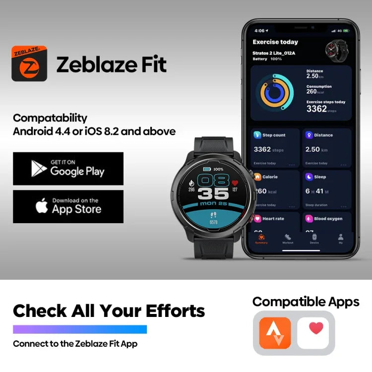 ساعة ذكية Zeblaze Stratos 2 Lite بشاشة IPS بقياس 1.32 بوصة، مقاومة للماء حتى 5 ATM، تدعم مراقبة معدل ضربات القلب / وضع الرياضة، Stratos 2 Lite