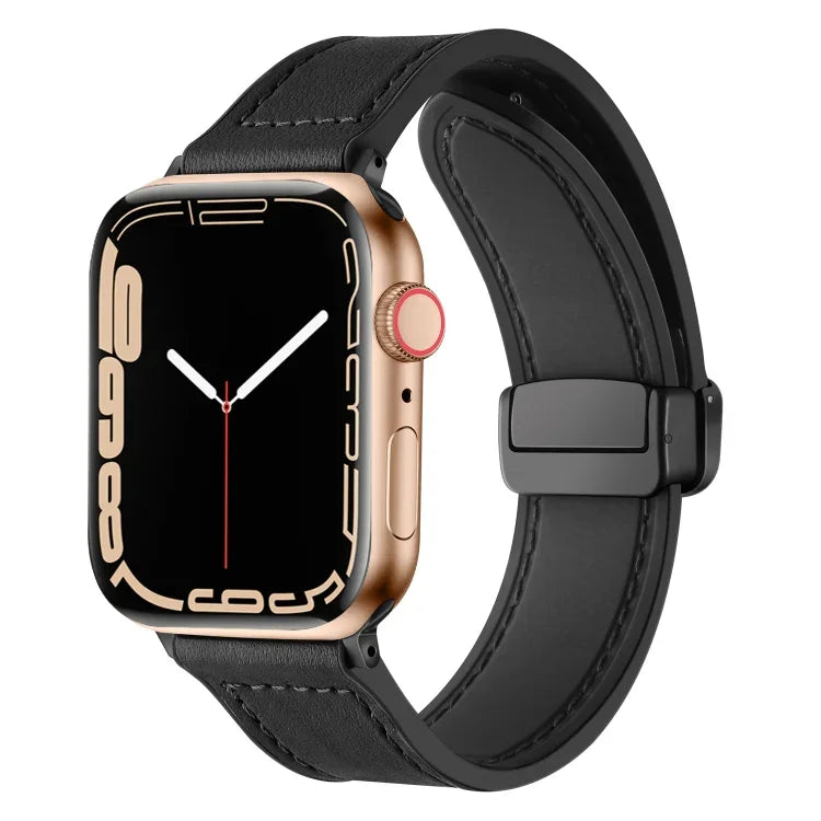 حزام ساعة مغناطيسي قابل للطي من السيليكون والجلد لساعات Apple Watch Ultra 49مم / السلسلة 8&7 45مم / SE 2&6&SE&5&4 44مم / 3&2&1 42مم، لساعات Apple Watch Ultra 49مم
