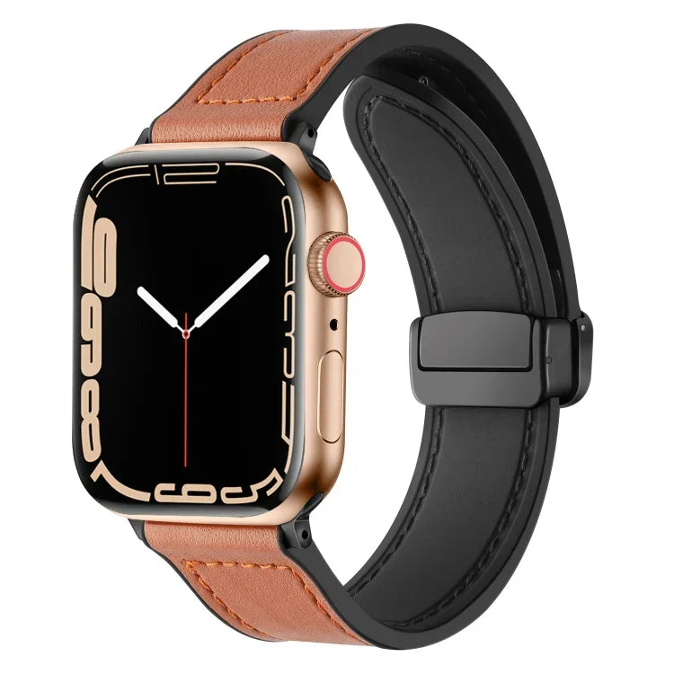 حزام ساعة مغناطيسي قابل للطي من السيليكون والجلد لساعات Apple Watch Ultra 49مم / السلسلة 8&7 45مم / SE 2&6&SE&5&4 44مم / 3&2&1 42مم، لساعات Apple Watch Ultra 49مم