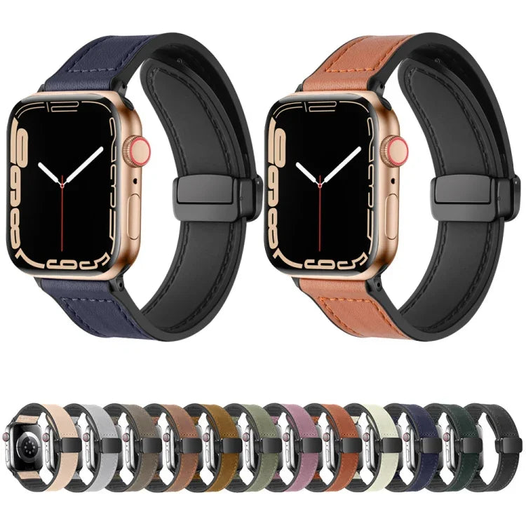 حزام ساعة مغناطيسي قابل للطي من السيليكون والجلد لساعات Apple Watch Ultra 49مم / السلسلة 8&7 45مم / SE 2&6&SE&5&4 44مم / 3&2&1 42مم، لساعات Apple Watch Ultra 49مم