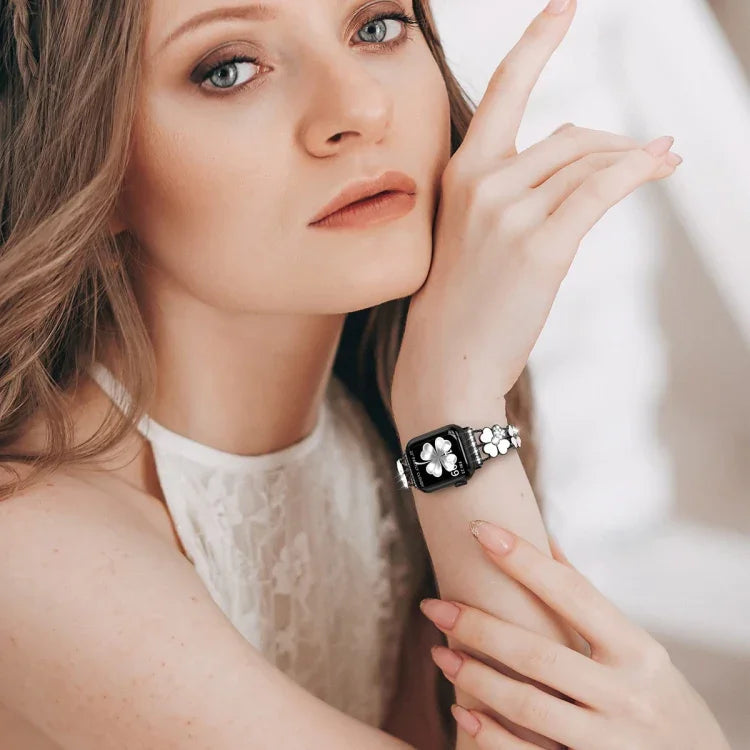 سوار ساعة معدني مزين بالألماس Petal، لساعات Apple Watch 3 مقاس 38 مم، Apple Watch 9 مقاس 45 مم، Apple Watch 3 مقاس 42 مم، Apple Watch 2 مقاس 38 مم، Apple Watch 2 مقاس 42 مم، Apple Watch مقاس 38 مم، Apple Watch مقاس 42 مم، Apple Watch 9 مقاس 41 مم