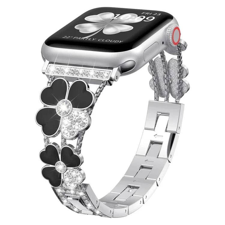 سوار ساعة معدني مزين بالألماس Petal، لساعات Apple Watch 3 مقاس 38 مم، Apple Watch 9 مقاس 45 مم، Apple Watch 3 مقاس 42 مم، Apple Watch 2 مقاس 38 مم، Apple Watch 2 مقاس 42 مم، Apple Watch مقاس 38 مم، Apple Watch مقاس 42 مم، Apple Watch 9 مقاس 41 مم