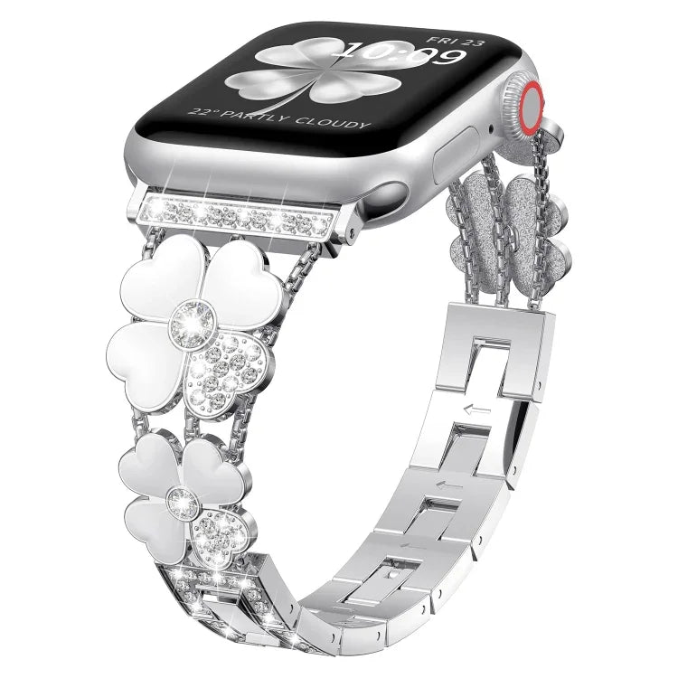 سوار ساعة معدني مزين بالألماس Petal، لساعات Apple Watch 3 مقاس 38 مم، Apple Watch 9 مقاس 45 مم، Apple Watch 3 مقاس 42 مم، Apple Watch 2 مقاس 38 مم، Apple Watch 2 مقاس 42 مم، Apple Watch مقاس 38 مم، Apple Watch مقاس 42 مم، Apple Watch 9 مقاس 41 مم