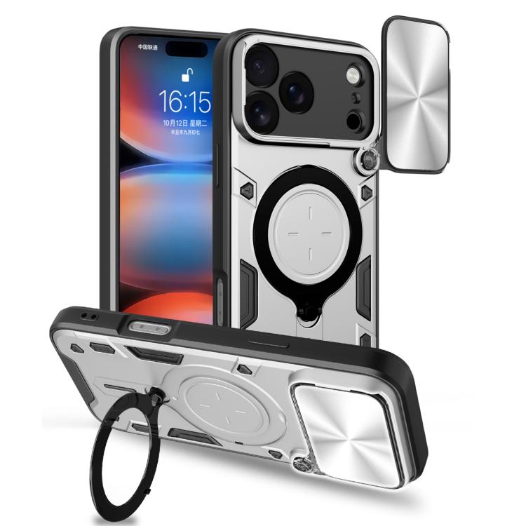 غطاء هاتف بممسك مغناطيسي منزلق بنقشة CD، لهواتف iPhone 17e / 16e، iPhone 17 Pro Max، iPhone 17 Pro، iPhone 17، iPhone Air، iPhone 16 Pro Max، iPhone 16 Pro، iPhone 16 Plus