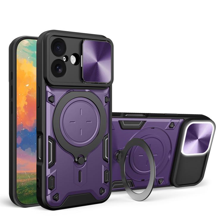 غطاء هاتف بممسك مغناطيسي منزلق بنقشة CD، لهواتف iPhone 17e / 16e، iPhone 17 Pro Max، iPhone 17 Pro، iPhone 17، iPhone Air، iPhone 16 Pro Max، iPhone 16 Pro، iPhone 16 Plus