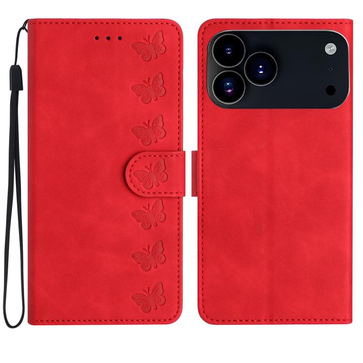 غطاء هاتف من الجلد بنقشة سبع فراشات بارزة، لهواتف iPhone 16e / 17e، iPhone 17 Pro Max، iPhone 17 Pro، iPhone 17، iPhone Air، iPhone 16 Pro Max، iPhone 16 Pro، iPhone 16 Plus