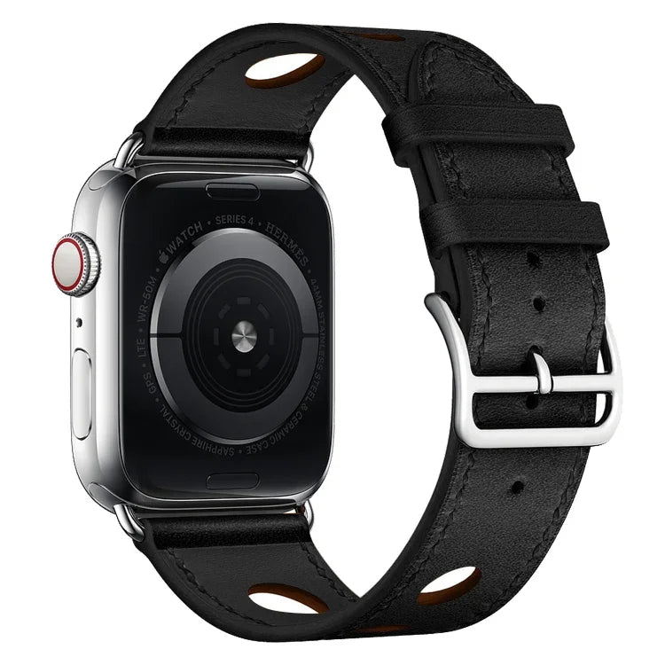 Leather Three Holes Replacement Strap Watchband, For Apple Watch Series 8&7 41mm / SE 2&6&SE&5&4 40mm / 3&2&1 38mm, For Apple Watch Series 7 45mm / 6 & SE & 5 & 4 44mm / 3 & 2 & 1 42mm, For Apple Watch Series 7 41mm / 6 & SE & 5 & 4 40mm / 3 & 2 & 1 38...