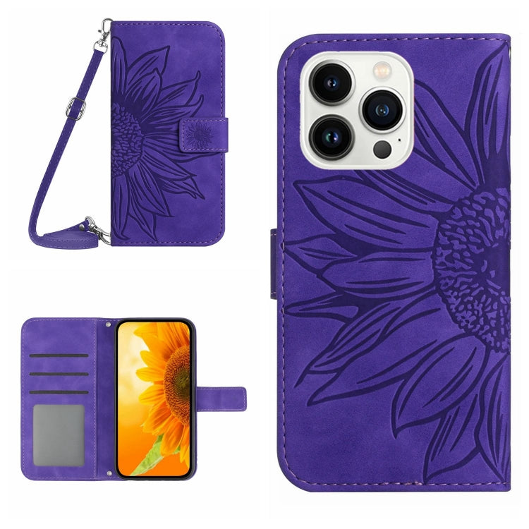 غطاء هاتف من الجلد المنقوش بنمط زهرة الشمس مع حزام معصم، لهواتف iPhone Air، iPhone 16 Pro Max، iPhone 16 Pro، iPhone 16 Plus