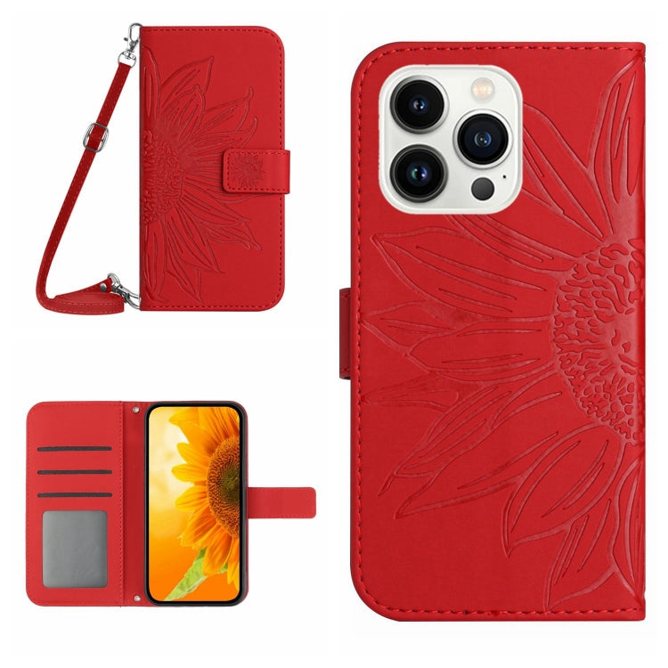 غطاء هاتف من الجلد المنقوش بنمط زهرة الشمس مع حزام معصم، لهواتف iPhone Air، iPhone 16 Pro Max، iPhone 16 Pro، iPhone 16 Plus