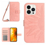 غطاء هاتف من الجلد المنقوش بنمط زهرة الشمس مع حزام معصم، لهواتف iPhone Air، iPhone 16 Pro Max، iPhone 16 Pro، iPhone 16 Plus