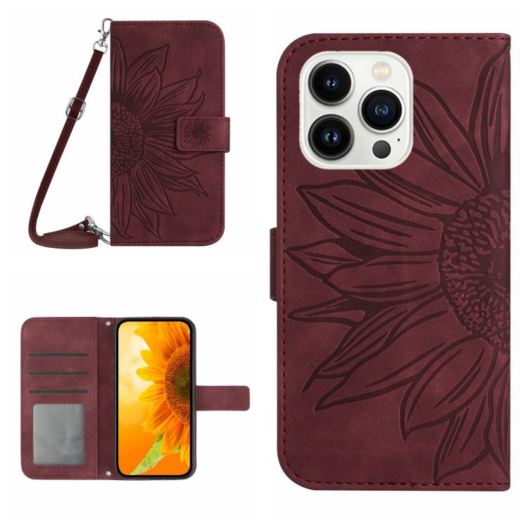 غطاء هاتف من الجلد المنقوش بنمط زهرة الشمس مع حزام معصم، لهواتف iPhone Air، iPhone 16 Pro Max، iPhone 16 Pro، iPhone 16 Plus
