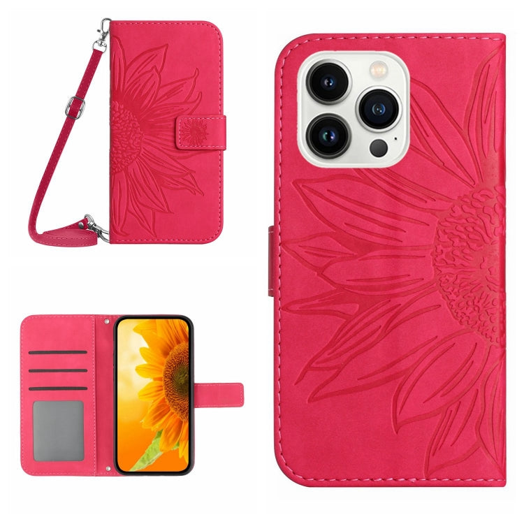 غطاء هاتف من الجلد المنقوش بنمط زهرة الشمس مع حزام معصم، لهواتف iPhone Air، iPhone 16 Pro Max، iPhone 16 Pro، iPhone 16 Plus